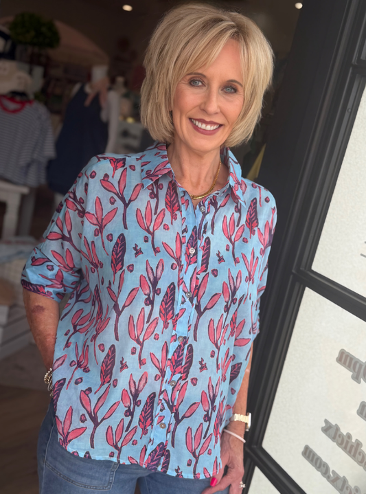 Botanical Print Button Up Top-Light Blue