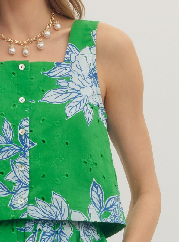 Botanical Print Square Neck Top- Green