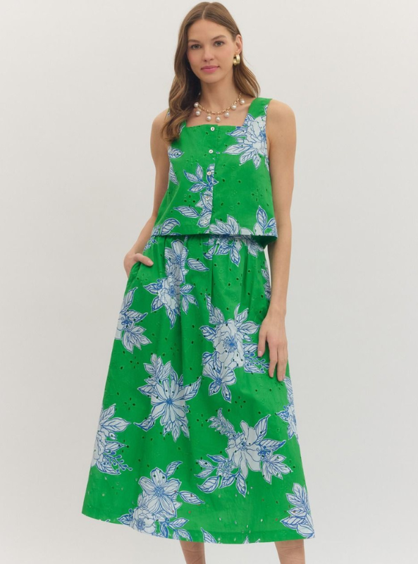Botanical Print Square Neck Top- Green