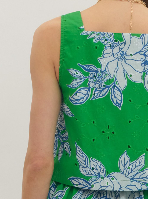 Botanical Print Square Neck Top- Green