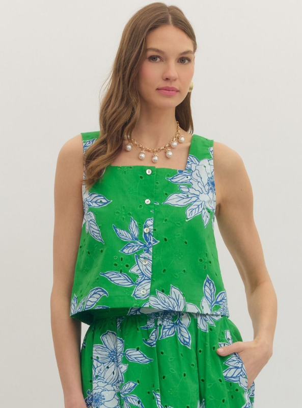 Botanical Print Square Neck Top- Green