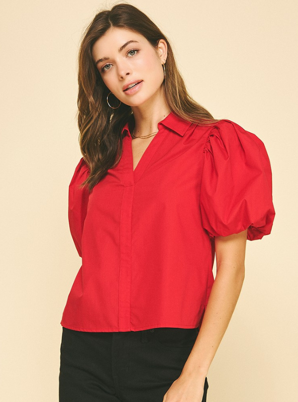 Bubble Sleeve Blouse Top- Red