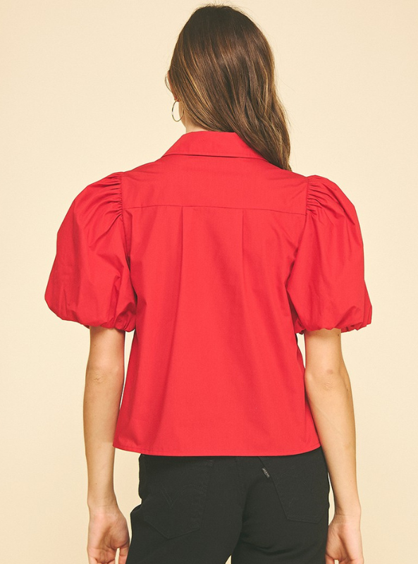 Bubble Sleeve Blouse Top- Red