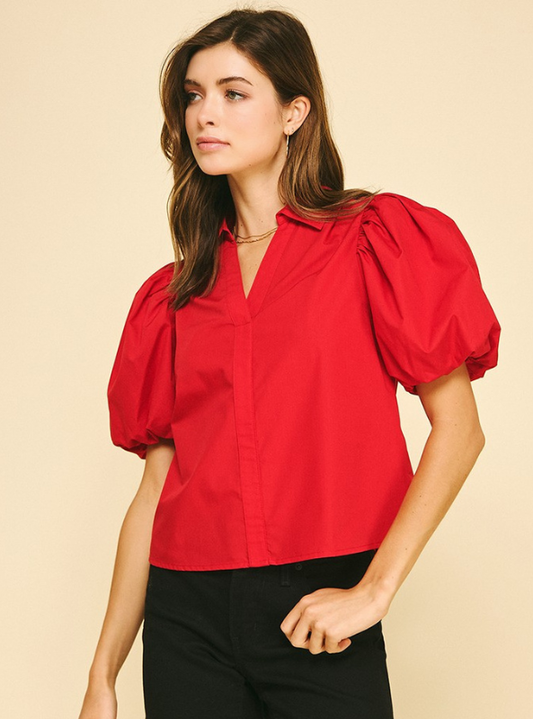 Bubble Sleeve Blouse Top- Red