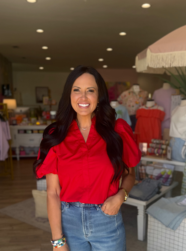 Bubble Sleeve Blouse Top- Red