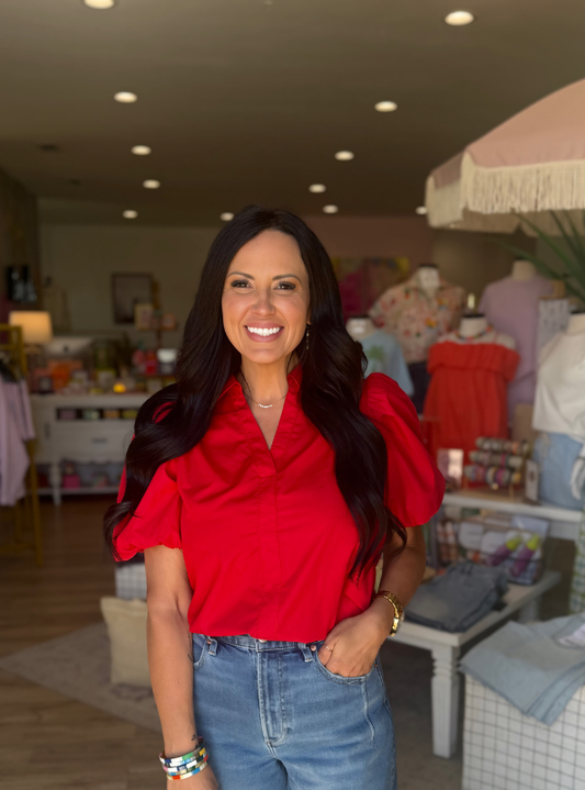 Bubble Sleeve Blouse Top- Red