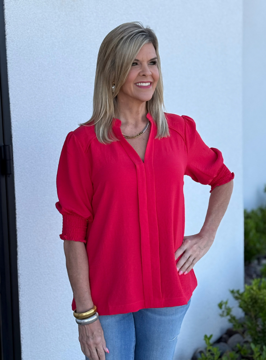 Cherry Red Smocked Cuff Popover Top - Tres Chic Boutique