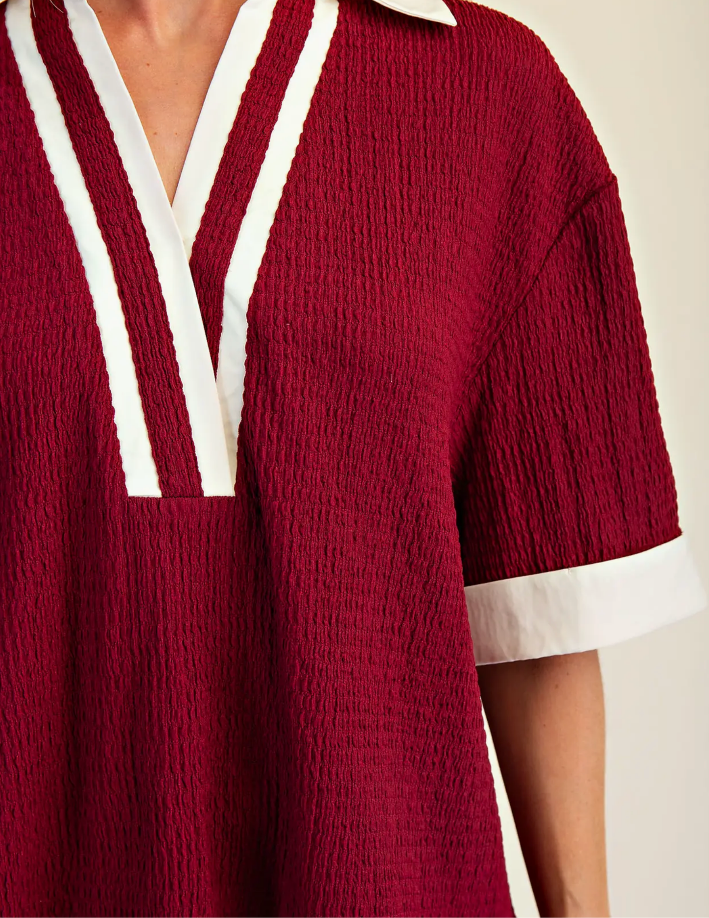 Varsity Vneck Top-Wine & White