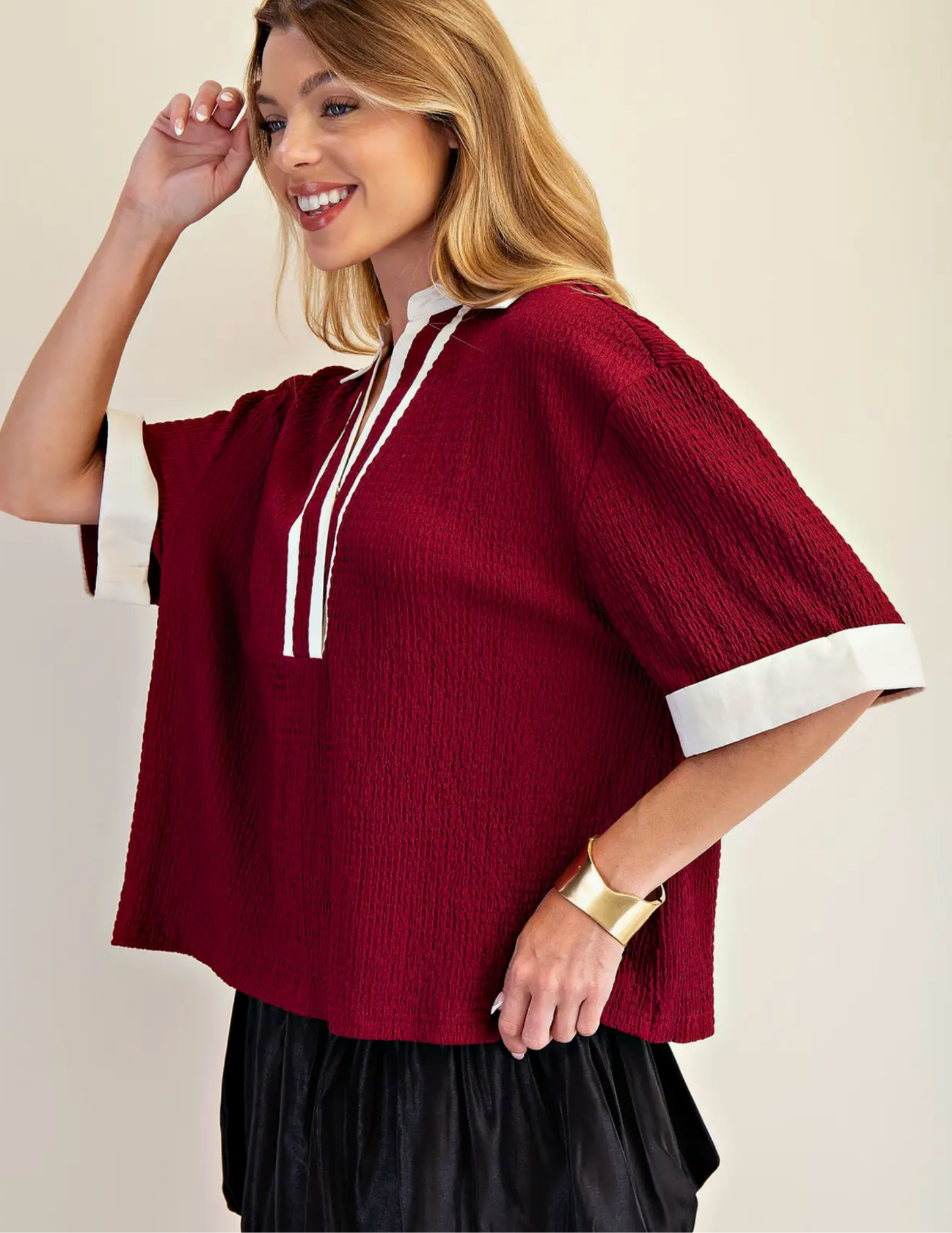 Varsity Vneck Top-Wine & White