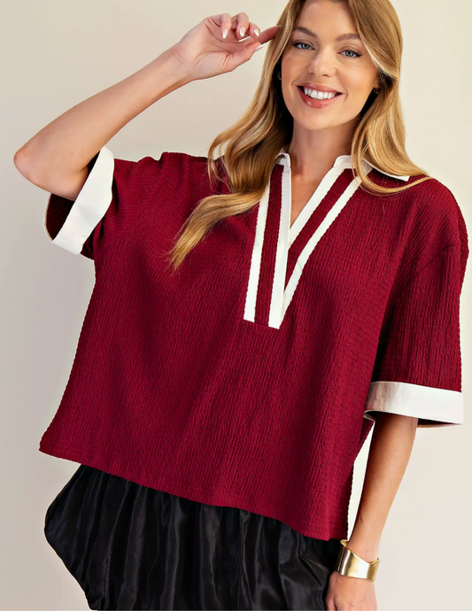 Varsity Vneck Top-Wine & White
