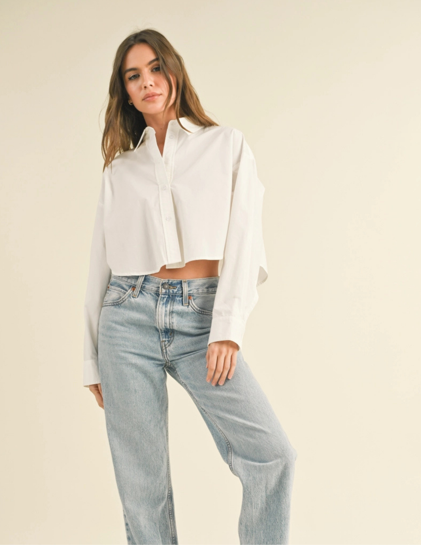 Cropped Button Down Shirts- White