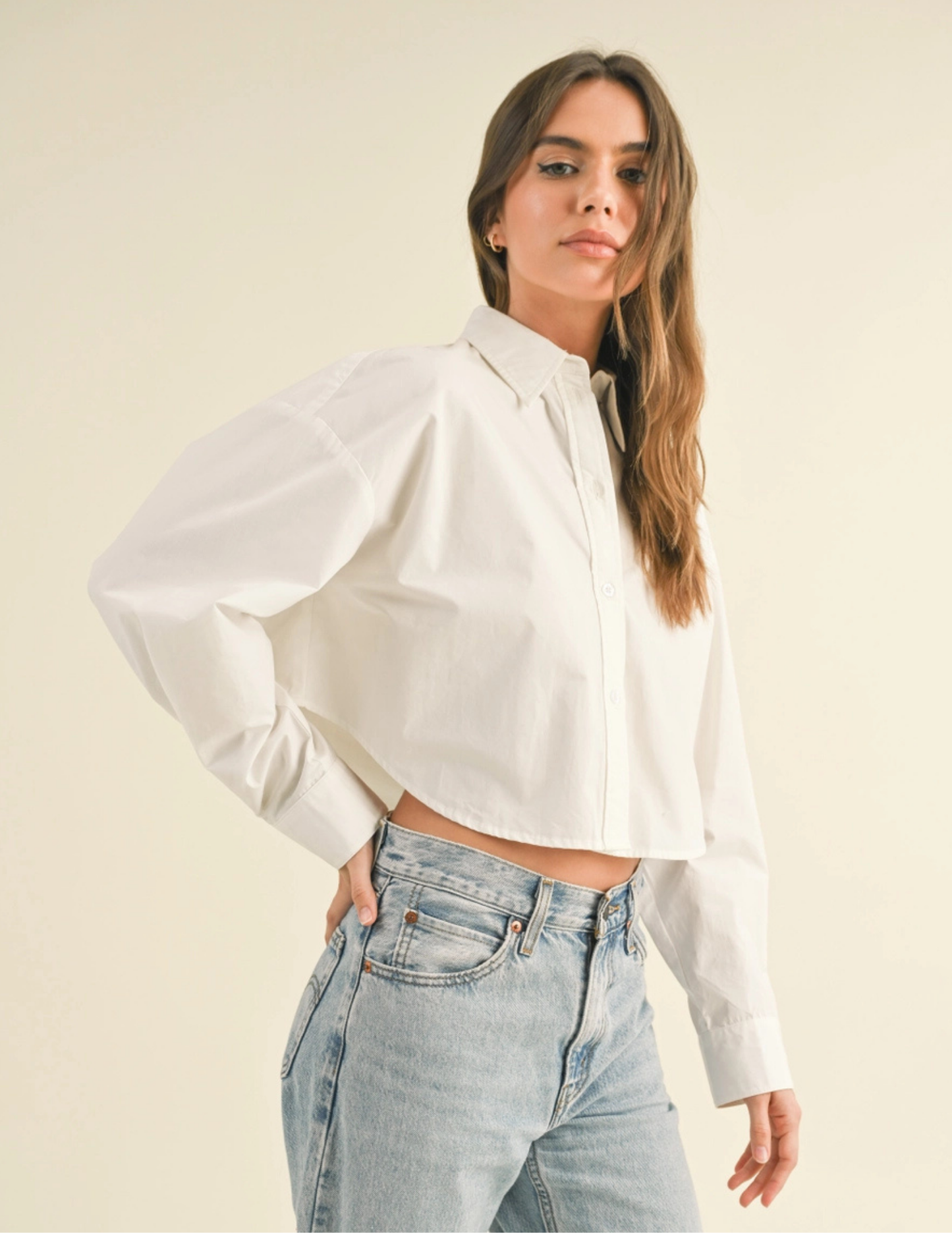 Cropped Button Down Shirts- White