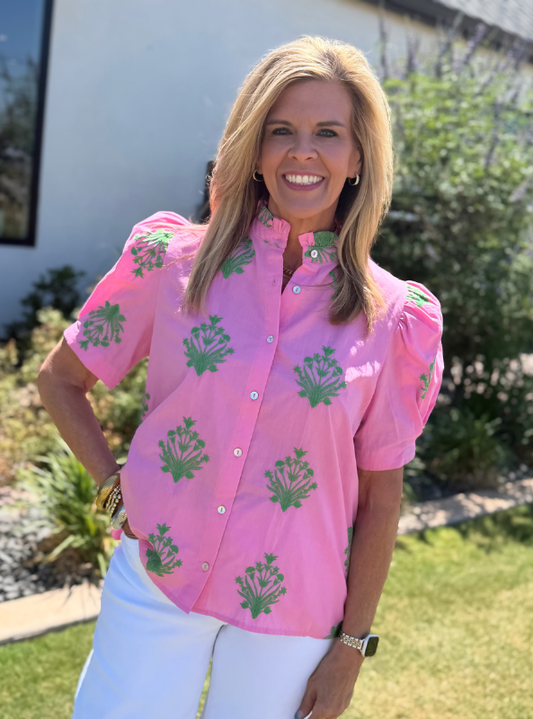 Embroidered Ruffle Neck Top