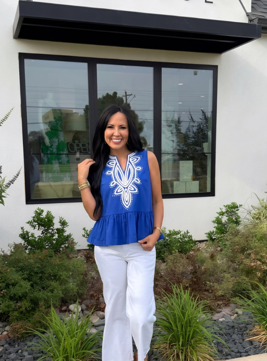 Embroidered Sleeveless Peplum Top- Blue