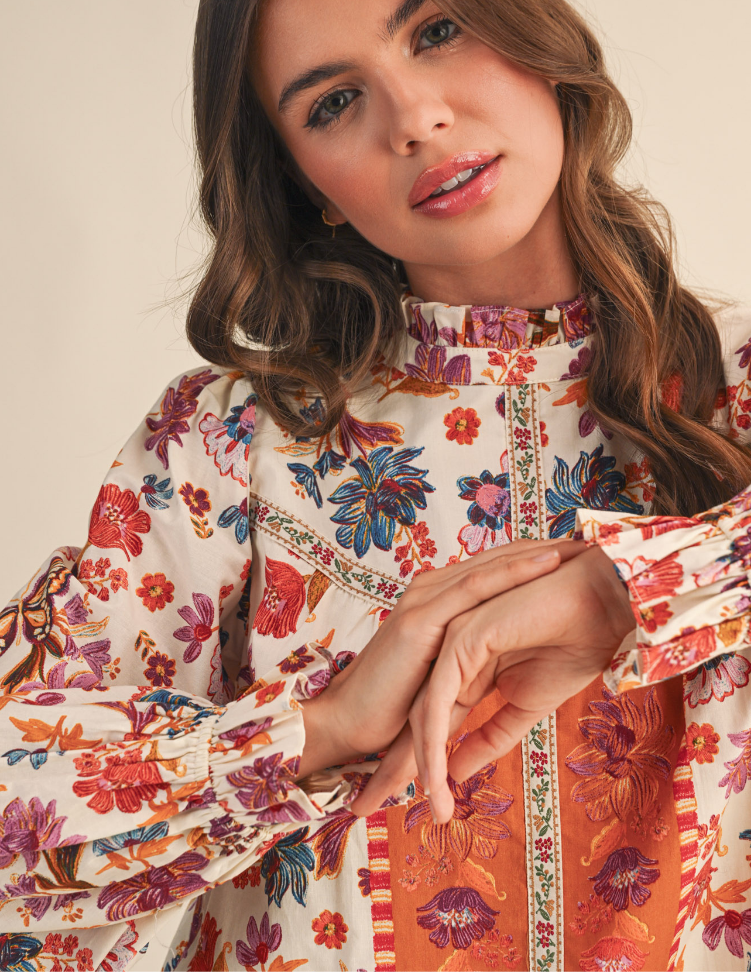 Exclusive Floral Border Print Top with Floral Trim - Tres Chic Boutique