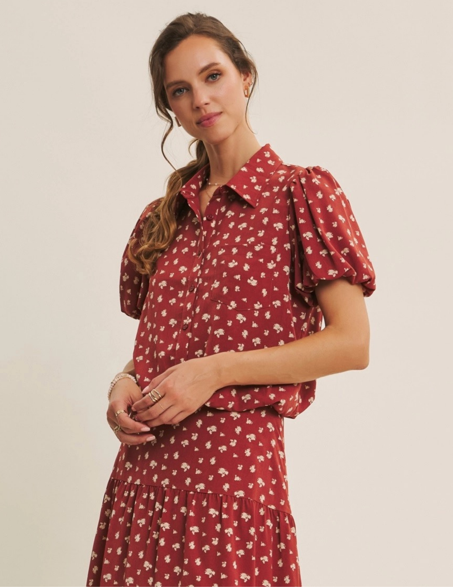 Floral Bubble Hem Top- Brick