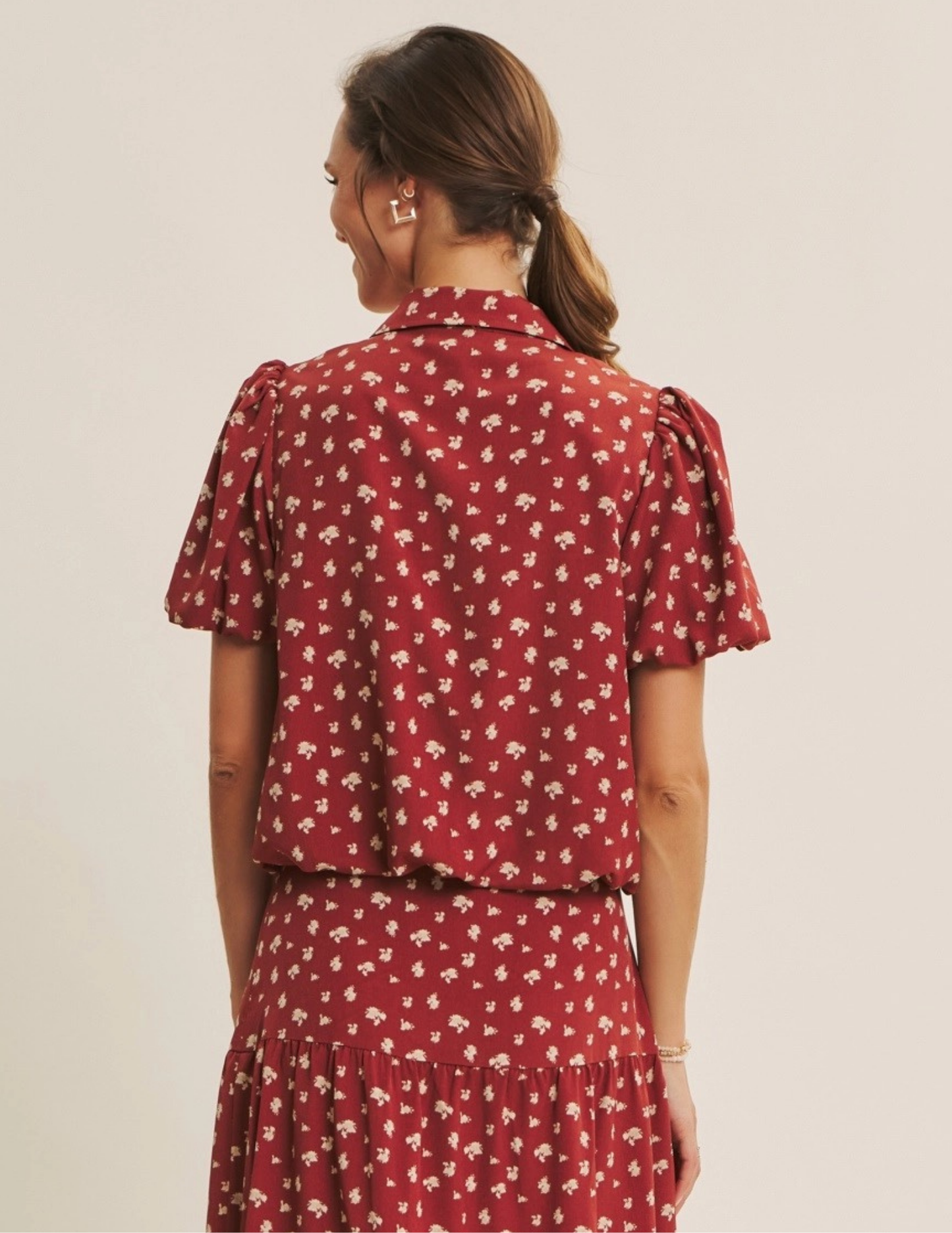 Floral Bubble Hem Top- Brick