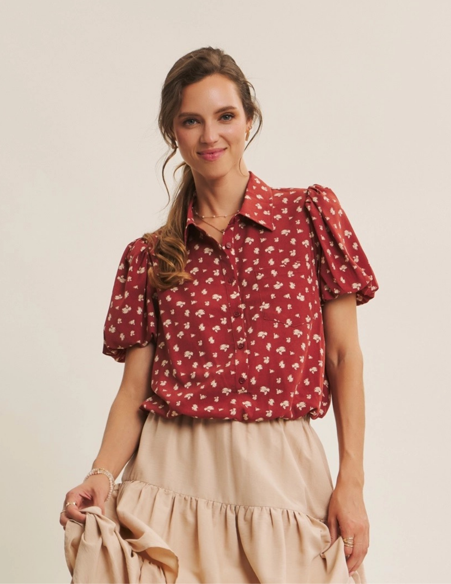Floral Bubble Hem Top- Brick