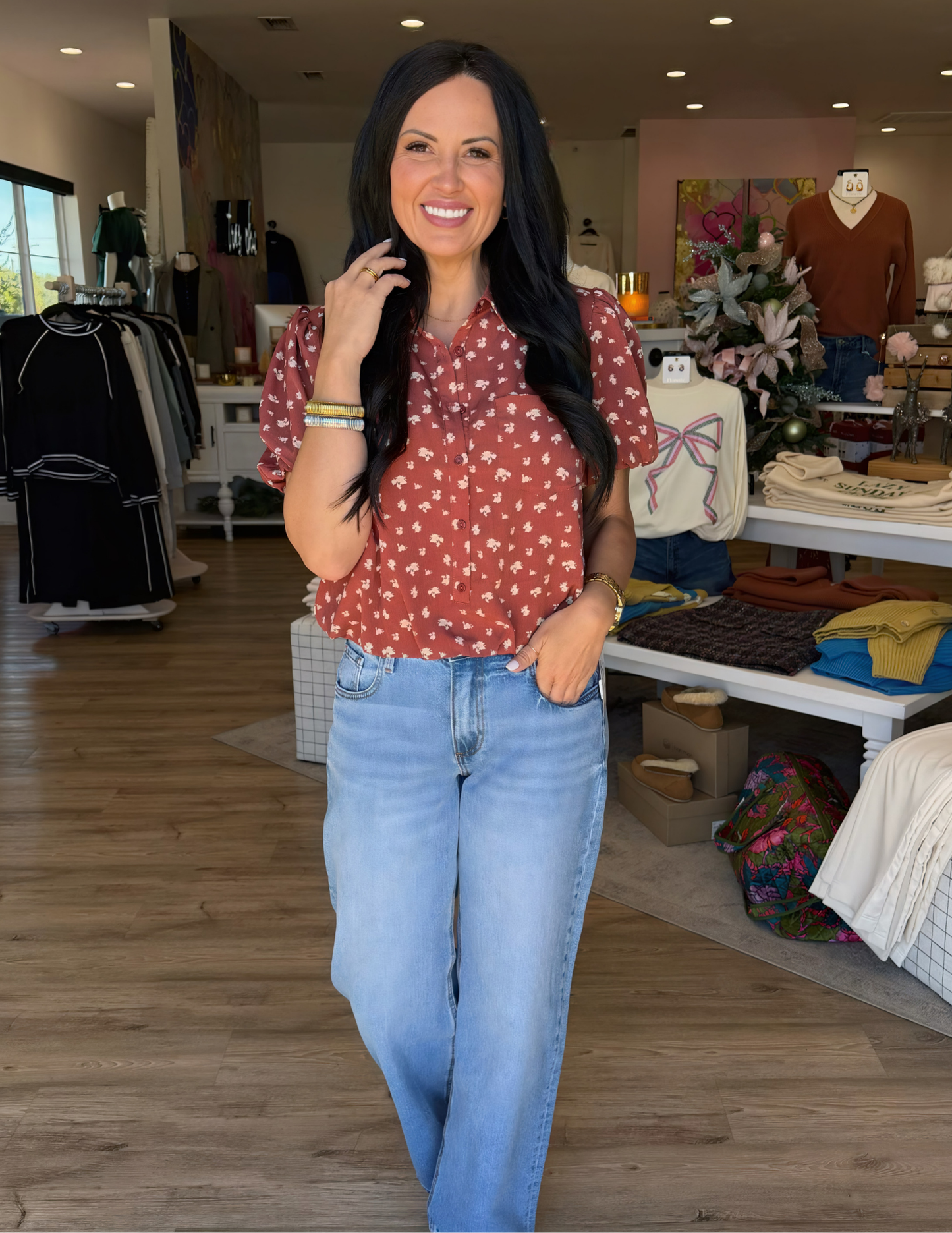 Floral Bubble Hem Top- Brick