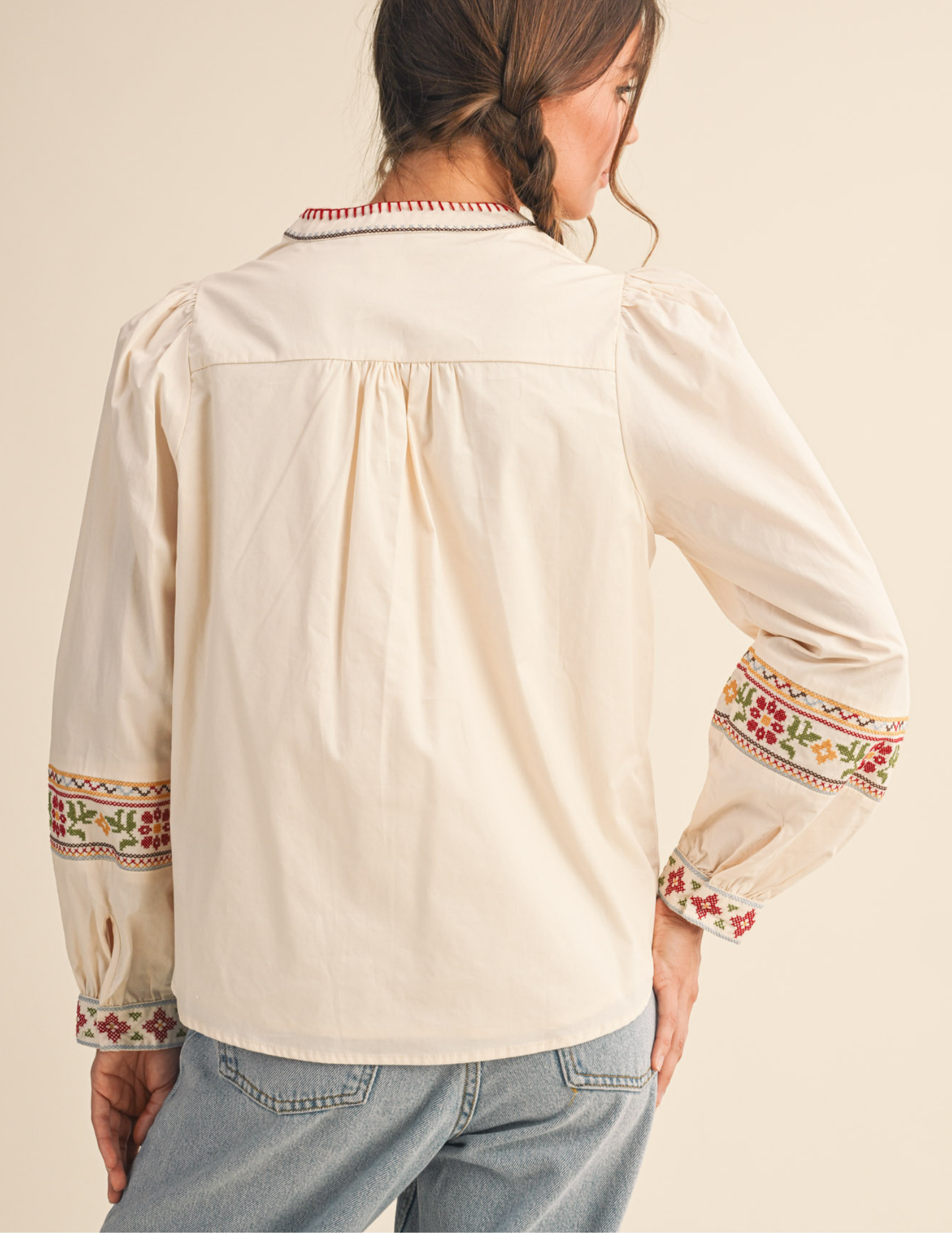 Floral Cross Stitch Embroidered Puff Sleeve Top- Ecru - Tres Chic Boutique