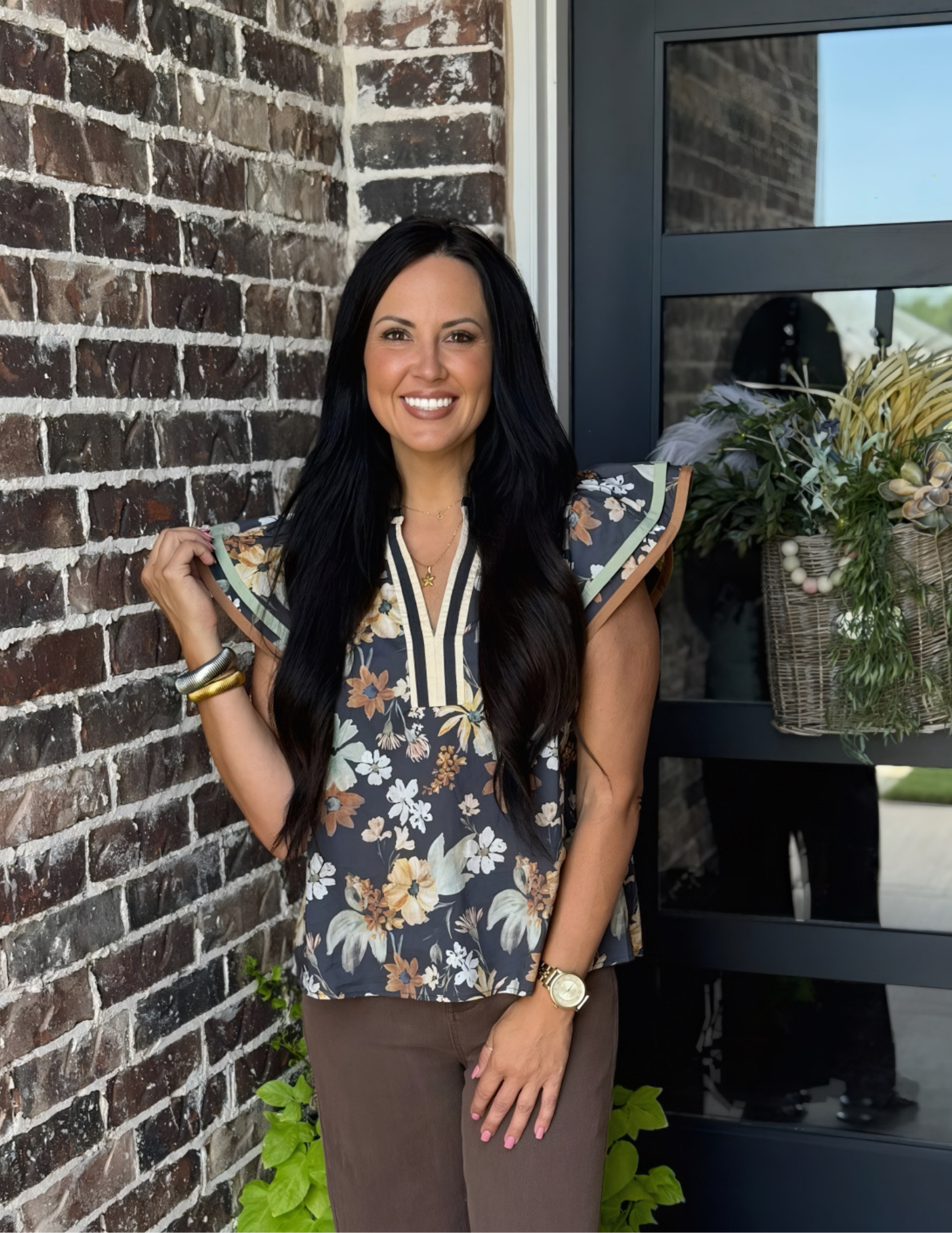 Floral Flutter Sleeve Top- Charcoal - Tres Chic Boutique