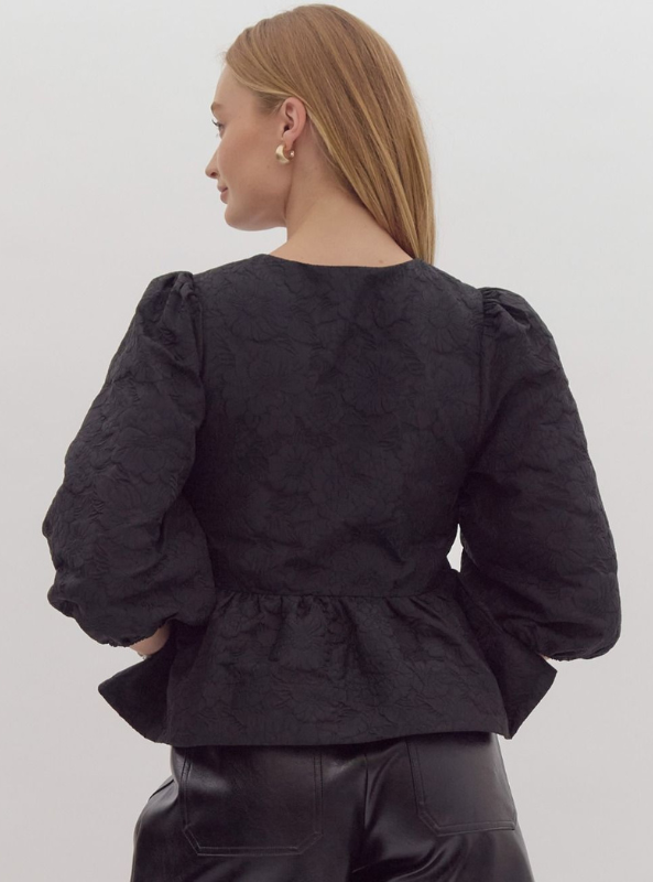 Floral Jacquard Peplum Top- Black - Tres Chic Boutique