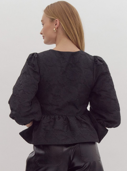 Floral Jacquard Peplum Top- Black