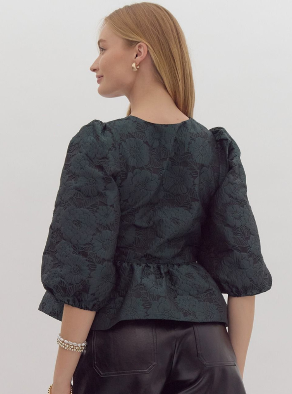 Floral Jacquard Peplum Top- Green - Tres Chic Boutique