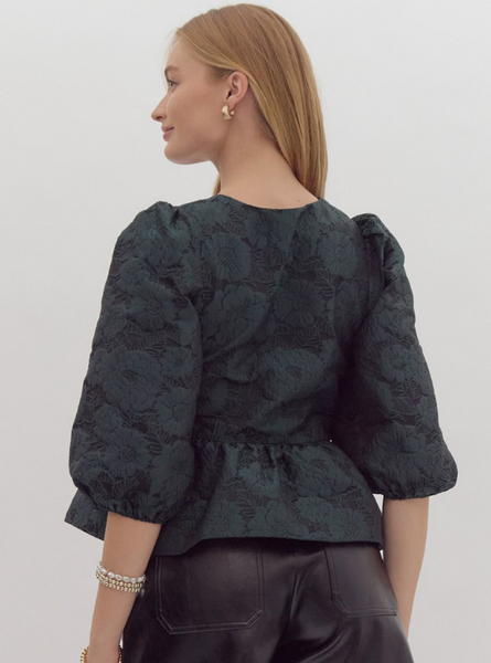 Floral Jacquard Peplum Top- Green