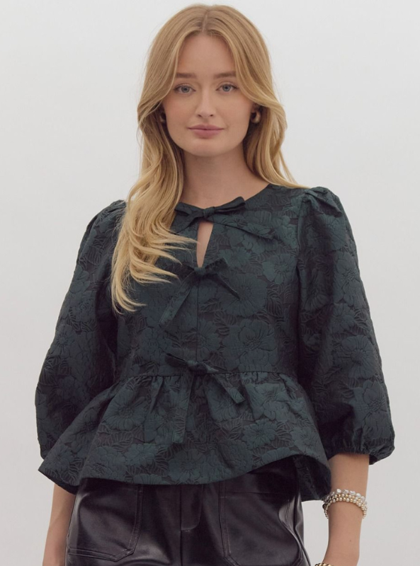 Floral Jacquard Peplum Top- Green - Tres Chic Boutique