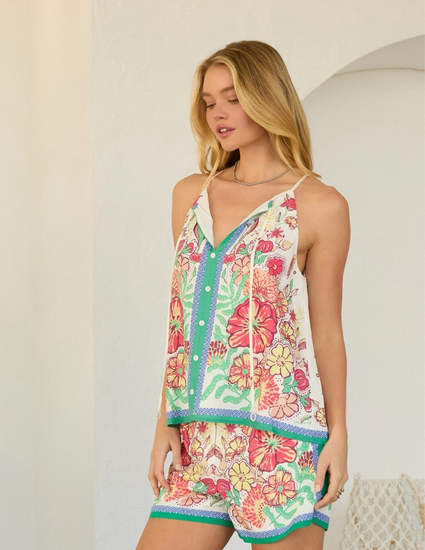 Floral Print Halter Top- Green & Coral