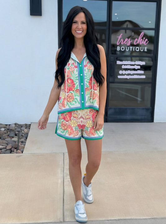 Floral Print Halter Top- Green & Coral