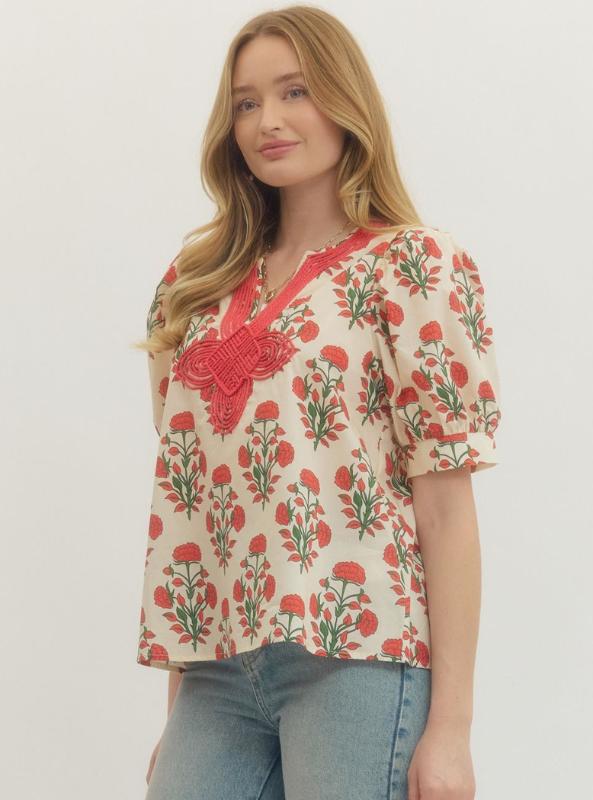 Floral Print with Applique Detail Top