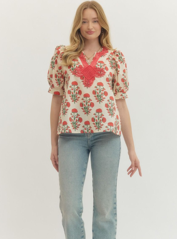 Floral Print with Applique Detail Top