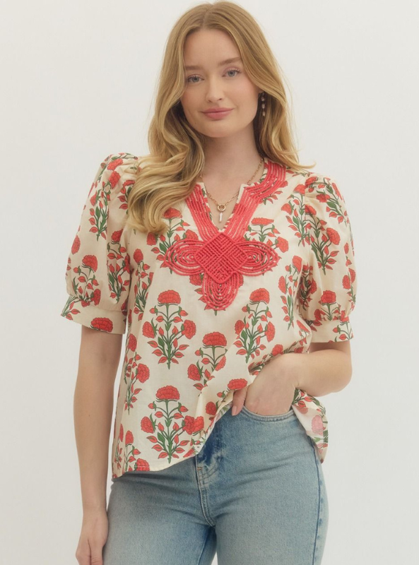 Floral Print with Applique Detail Top