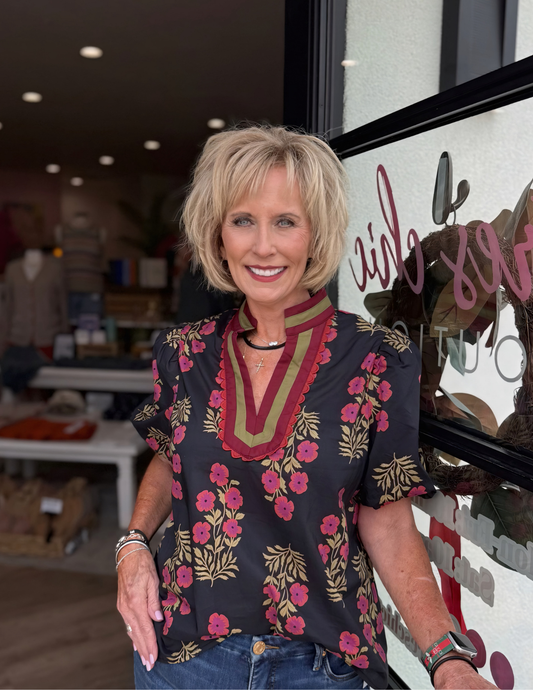 Flourish With Love Floral V Neck Top-Black - Tres Chic Boutique