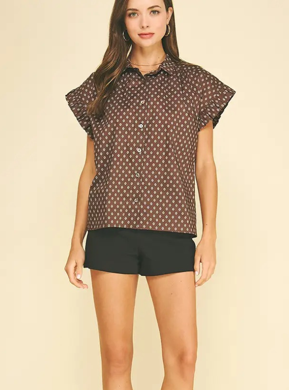 Geometric Diamond Print Top- Brown
