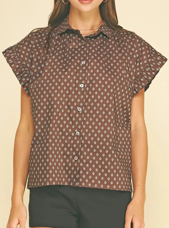 Geometric Diamond Print Top- Brown
