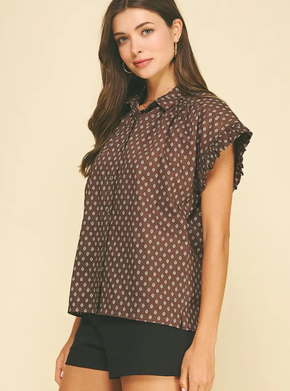 Geometric Diamond Print Top- Brown