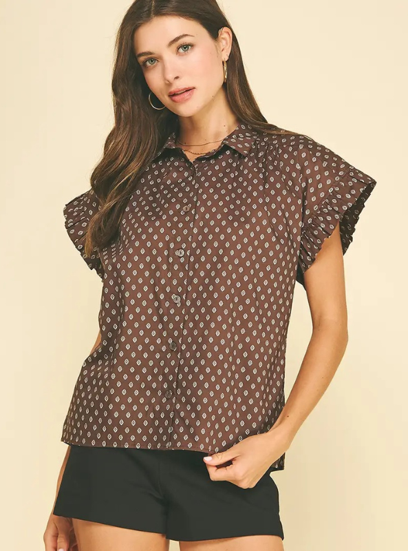 Geometric Diamond Print Top- Brown