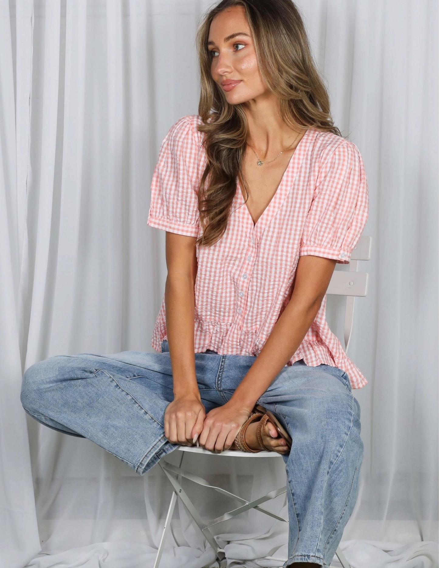 Gingham V-Neck Top- Coral