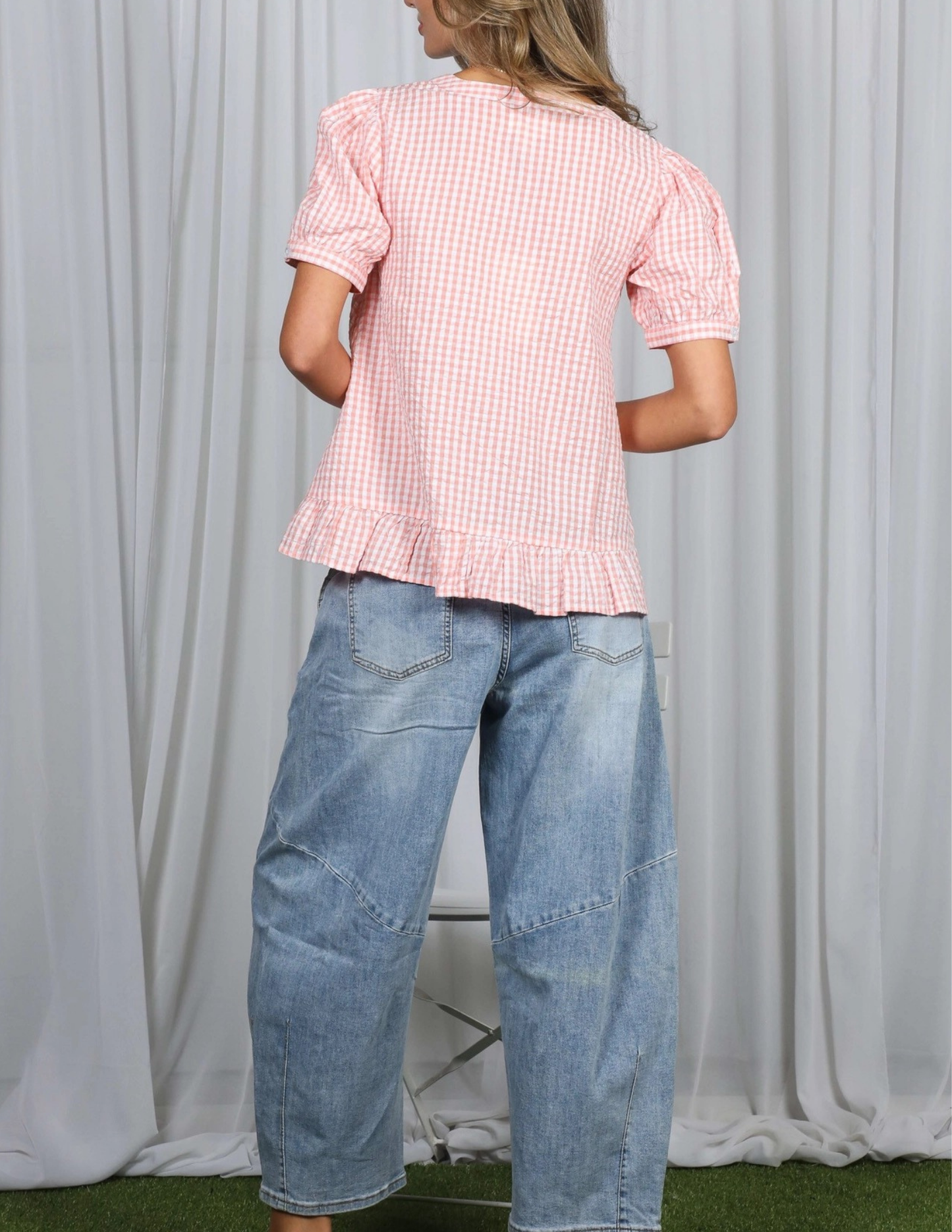 Gingham V-Neck Top- Coral