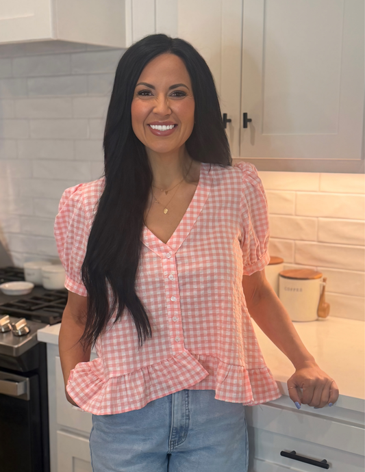 Gingham V-Neck Top- Coral