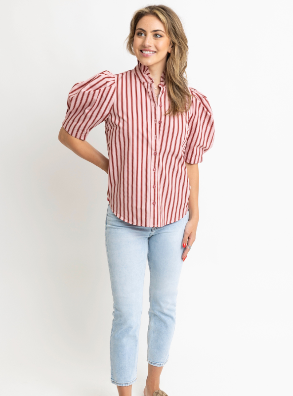 Stripe Puff Sleeve Ruffle Neck Top - Tres Chic Boutique