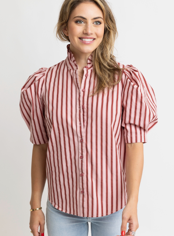 Stripe Puff Sleeve Ruffle Neck Top - Tres Chic Boutique