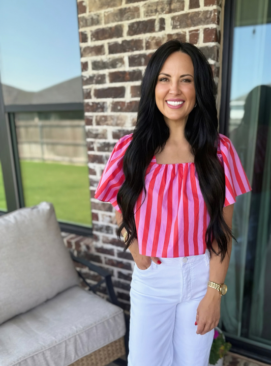 Karlie- Stripe Square Neck Poplin Top - Tres Chic Boutique