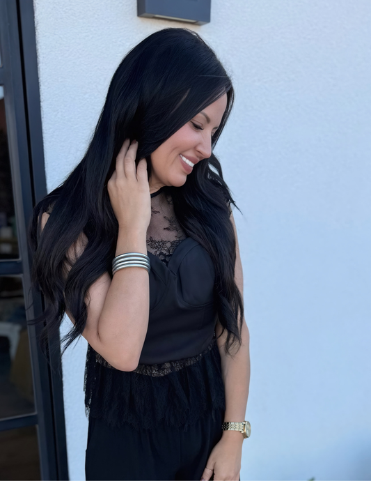 Lace Fabric Peplum Blouse- Black