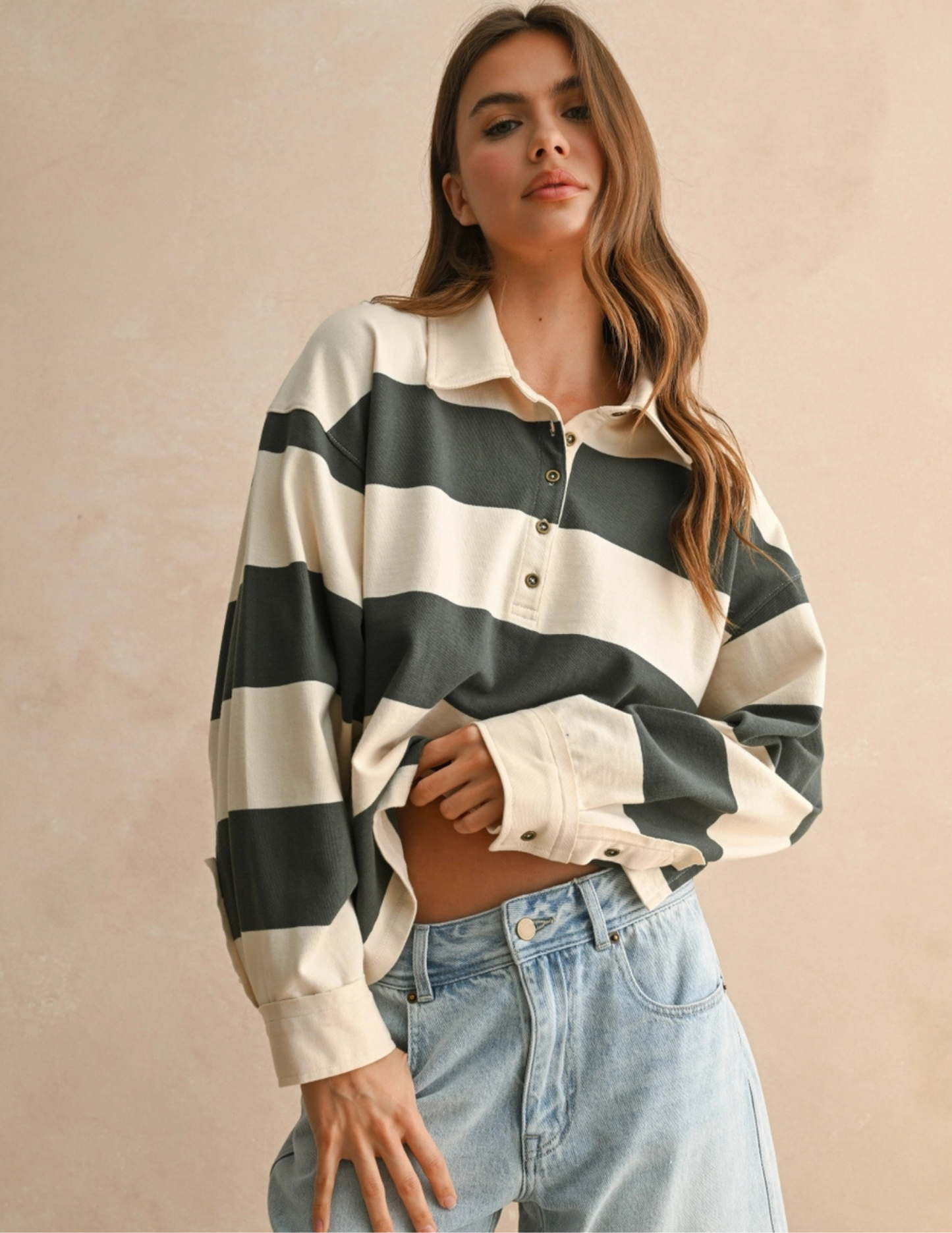 Rugby Long Sleeve Top- Olive/ Beige