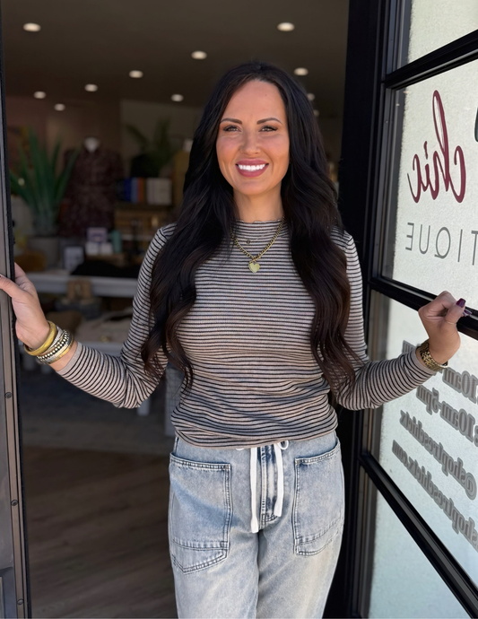 Moulin Mock Long Sleeve- Taupe/ Black - Tres Chic Boutique