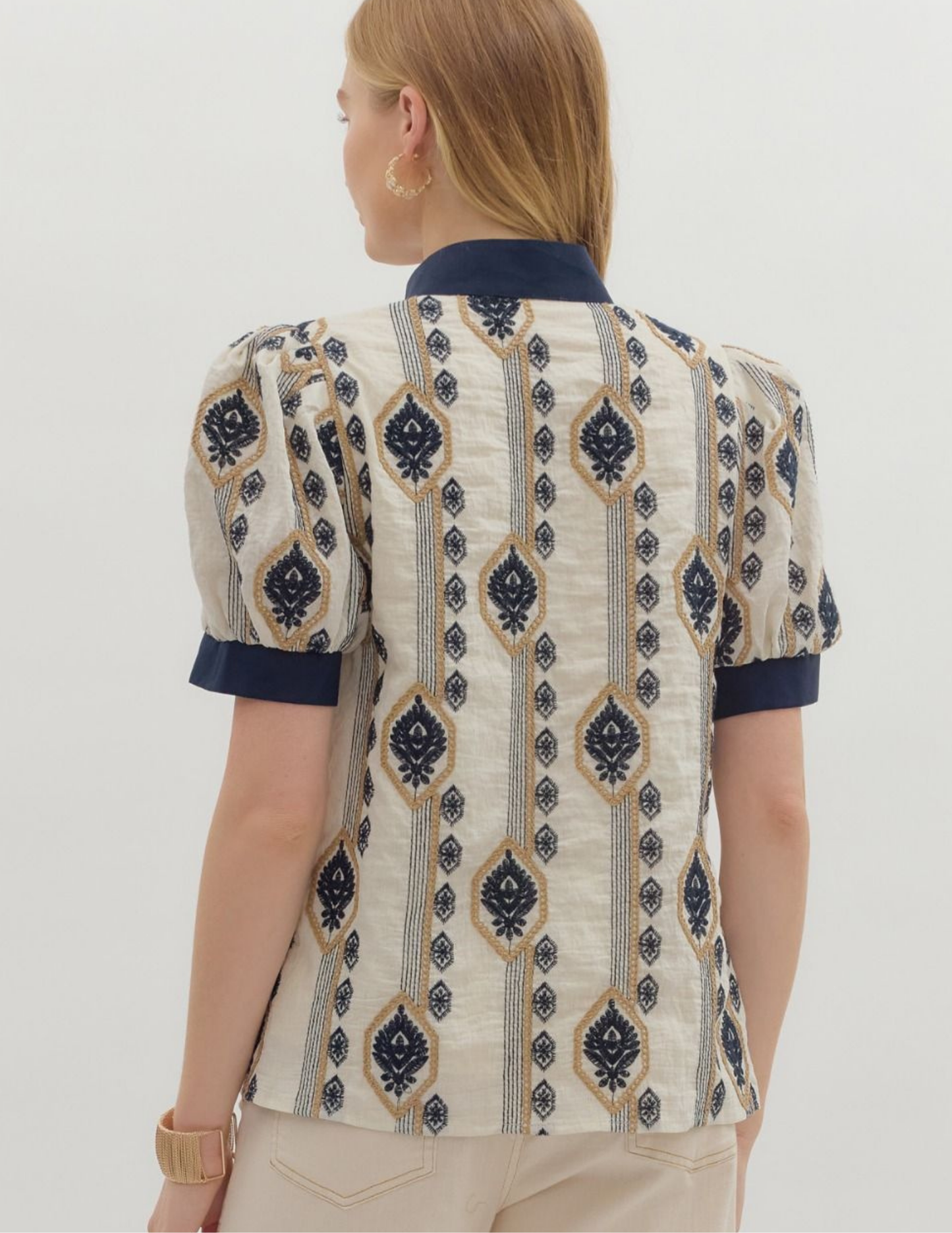 Navy Abstract Short Puff Sleeve Top - Tres Chic Boutique